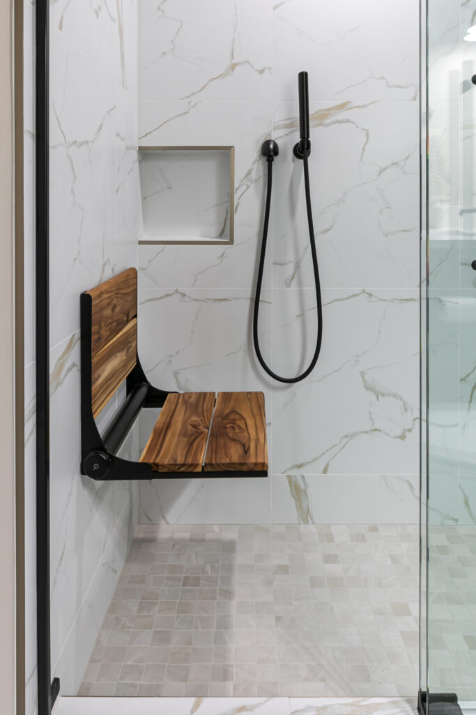 3D bathroom rendering and material samples used during a remodel's Design phase