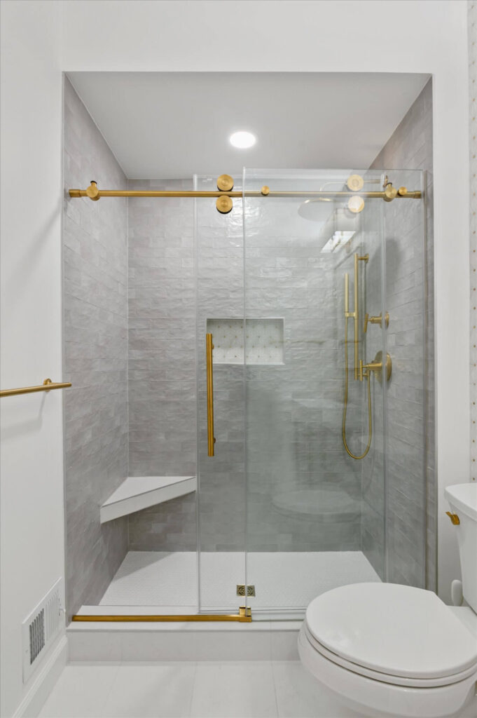 A 3D rendering paired with selected tile and fixture samples shows homeowners exactly what their new bathroom will look like — part of the fixed-price Design phase, before construction starts.