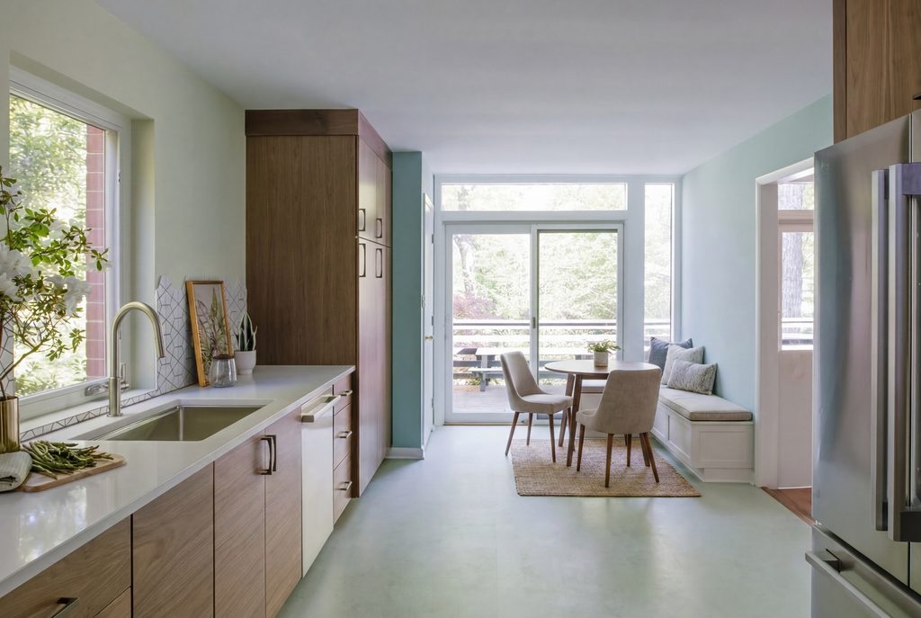 Soft green natural linoleum floor running from the kitchen into the dining room